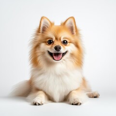 Fluffy Pomeranian with a smiling face, isolated on a white background