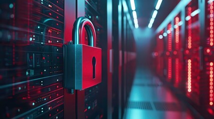 A padlock on a server rack in a data center.