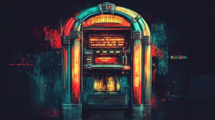 Obraz premium Vibrant Retro Jukebox Art: A Bold Poster Design for Sporty Interiors, Featuring Colorful Angles and Textures Against a Dark Background