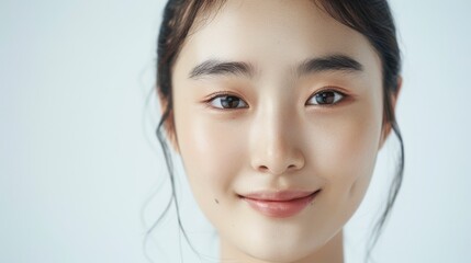 Fototapeta premium Close-up photo of an Asian woman on a white background, showing only her face and head, with her hair tied back and a slight smile on her face, for use in projects about clean skin without any problem