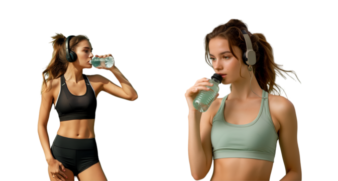 Woman wearing headphones exercising and drinking water
