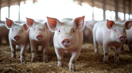 A group of pigs are standing in a pen with straw on the ground
