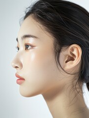 Close-up photo of an Asian woman on a white background, showing only her face and head, with her hair tied back and a slight smile on her face, for use in projects about clean skin without any problem