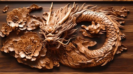 Intricate Wood Carving of a Dragon and Flowers.