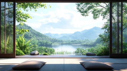 Fototapeta premium Tranquil Zen Garden View Through Sliding Doors.