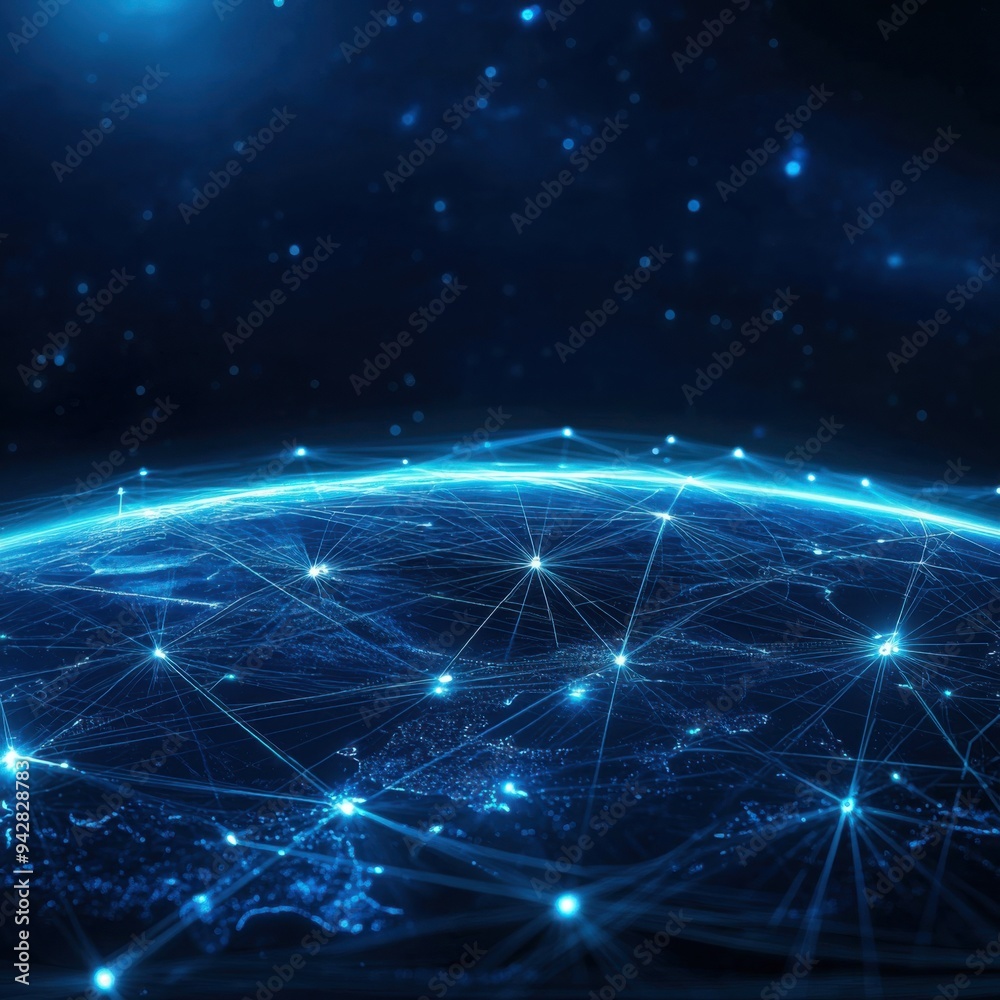 Poster a stunning representation of a digital network connecting the globe with glowing lines and nodes in 