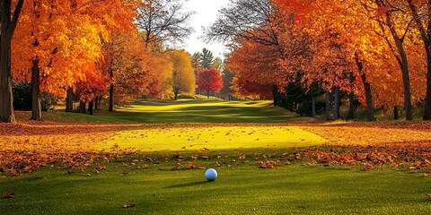 A lone golf ball sits on a green fairway surrounded by colorful autumn leaves.