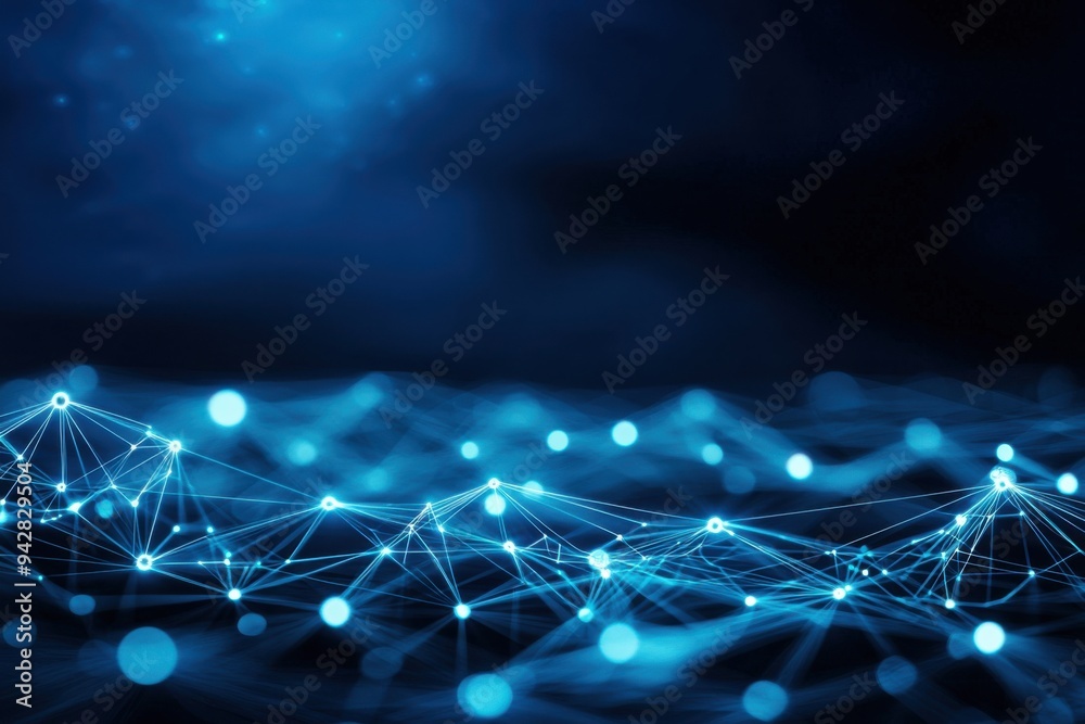 Poster abstract blue digital network with glowing dots and lines, representing connectivity and data flow i