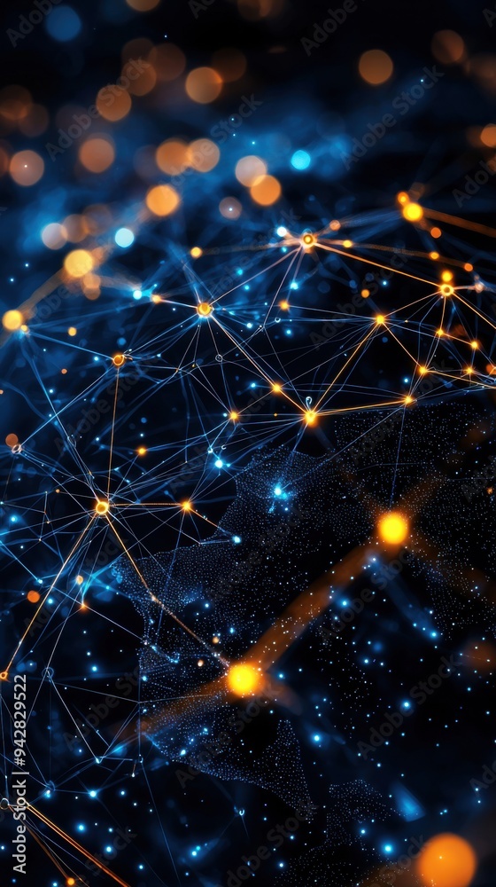 Poster abstract digital network with glowing nodes and connecting lines, representing technology and commun