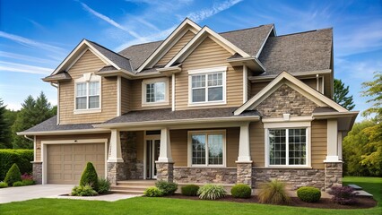Beautiful beige siding house with a stoned base, perfect for residential architecture