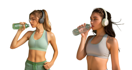two women drinking water after workout