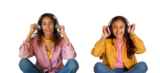 two women wearing headphones on transparent background
