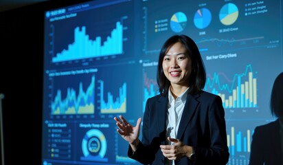 Confident Asian Female Executive Leading Presentation with Interactive Data Visuals