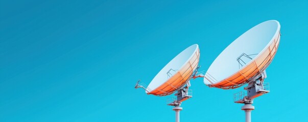 Two satellite dishes against a clear blue sky, representing telecommunication and modern technology.