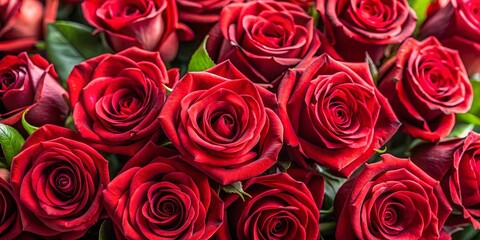 Close up view of a lush bouquet of deep red roses symbolizing love and romance