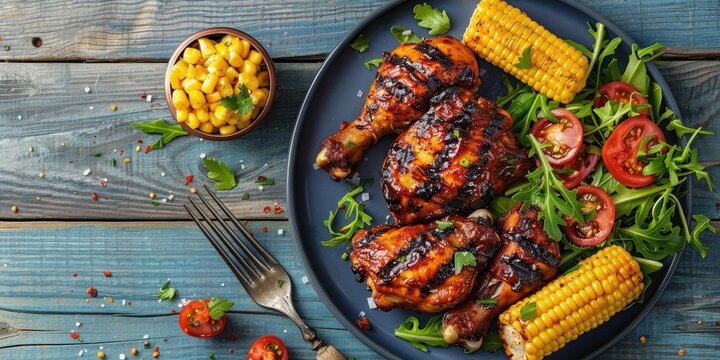 BBQ chicken legs and thighs served with corn on the cob and a salad - Powered by Adobe