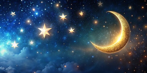 Naklejka premium Starry night sky with moon and stars for Mawlid celebration