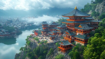 Obraz premium Ancient Chinese Temple on Cliffside Mountain with City Skyline in the Distance.
