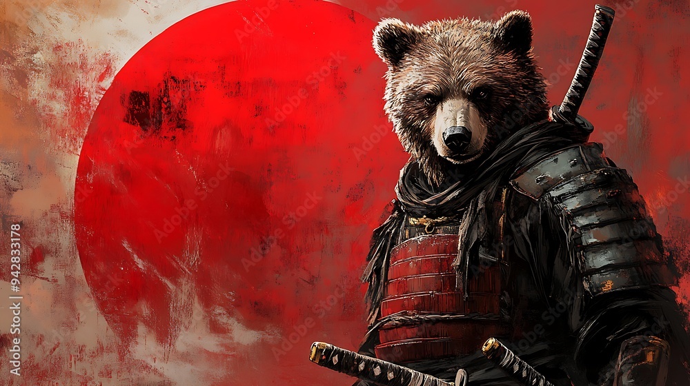 Poster Bear Warrior in Samurai Armor with Rising Sun.