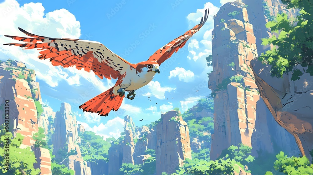 Wall mural Red-Tailed Hawk Soaring Through a Mountain Valley.