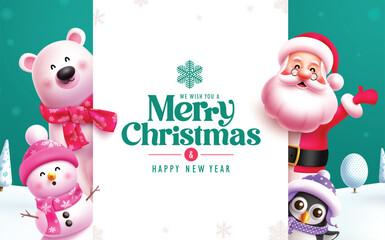 Merry christmas greeting vector template design. Christmas greeting text  with happy santa claus, smiling polar bear, cute snowman and penguin characters holding white board space in seasonal snow 
