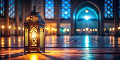 Fototapeta premium Arabic Islamic lantern glowing inside mosque at night, creating a tranquil and spiritual ambiance