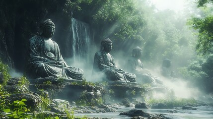Serene Buddha Statues in Misty Forest with Waterfall.