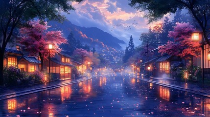 Fototapeta premium Rainy Night in a Japanese Village with Cherry Blossoms.