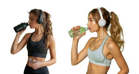 Woman wearing headphones exercising and drinking water