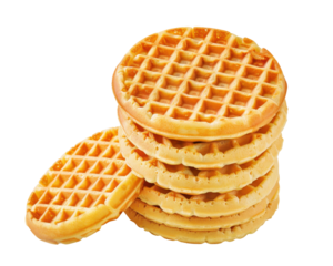 A stack of golden waffles, showcasing their grid pattern and delicious texture.