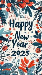 Festive  design celebrating the arrival of the new year 2025 with a minimalistic style surrounded by lush foliage