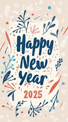 Celebratory  illustration featuring Happy New Year and 2025 in a minimalistic style for festive greetings