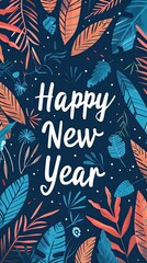 Trendy minimalistic  illustration featuring a festive Happy New Year message surrounded by colorful botanical elements