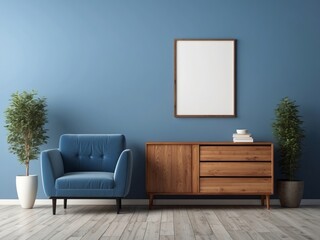 Blue Armchair and Wooden Cabinet in a Modern Living Room