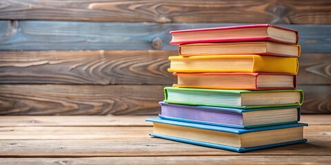 Fototapeta premium Close up of a stack of colorful books on a wooden table, showcasing knowledge, education, and reading