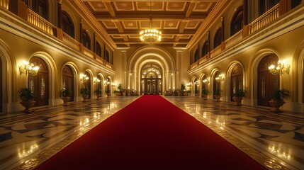 Fototapeta premium Grand Hall with Red Carpet and Gold Accents, Illuminated by Soft Ambient Lighting for a Lavish Evening Event