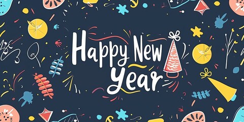 Naklejka premium Colorful illustration celebrating New Year with festive elements and cheerful text set against a dark background