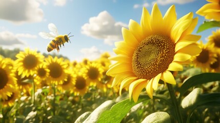 Fototapeta premium A Bee Flying Over a Field of Sunflowers