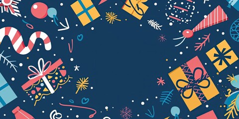 Festive vector design for New Year with colorful gifts, balloons, and patterns on a dark background