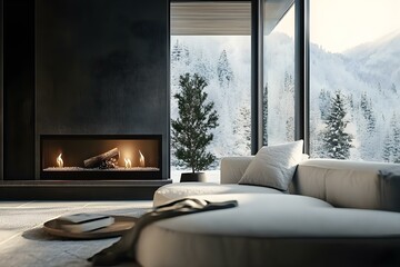 Modern Living Room with a Cozy Fireplace and Large Window