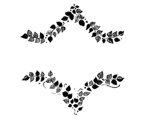 Frame, framing of leaves. White background, copy space. Leaves of different shapes and sizes, filled with decor. Lines, dots, ornament or fill. Black color. Placed above and below. Dots, swirls around