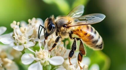 Honey Bee Gathering Pollen on White Flowers