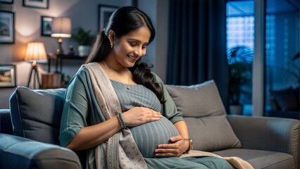  happy indian pregnant woman feeling baby by lookin.