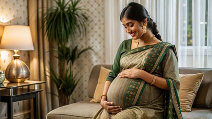  happy indian pregnant woman feeling baby by lookin.