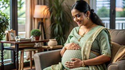  happy indian pregnant woman feeling baby by lookin.
