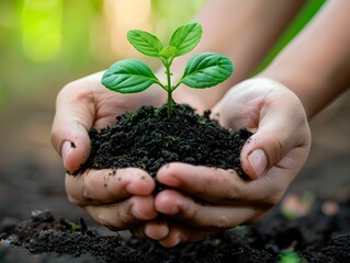 Hands holding a small green plant in rich soil during daylight, symbolizing the growth and care for nature in a garden setting