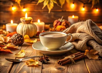 Fototapeta premium Coffee cozy autumn afternoon warm lighting rich textures creamy