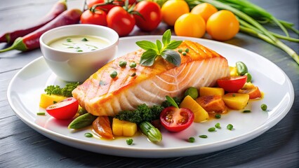 Salmon steak with colorful vegetables and sauce on plate for gourmet seafood dinner