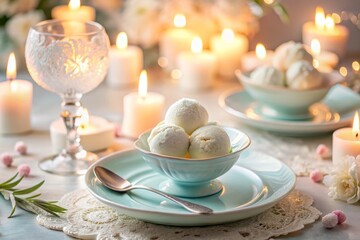intimate romantic dinner pale aqua powder pink soft lilac off-white ice cream balls 