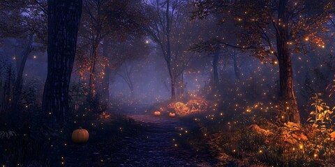 Dark, misty forest path illuminated by glowing pumpkins